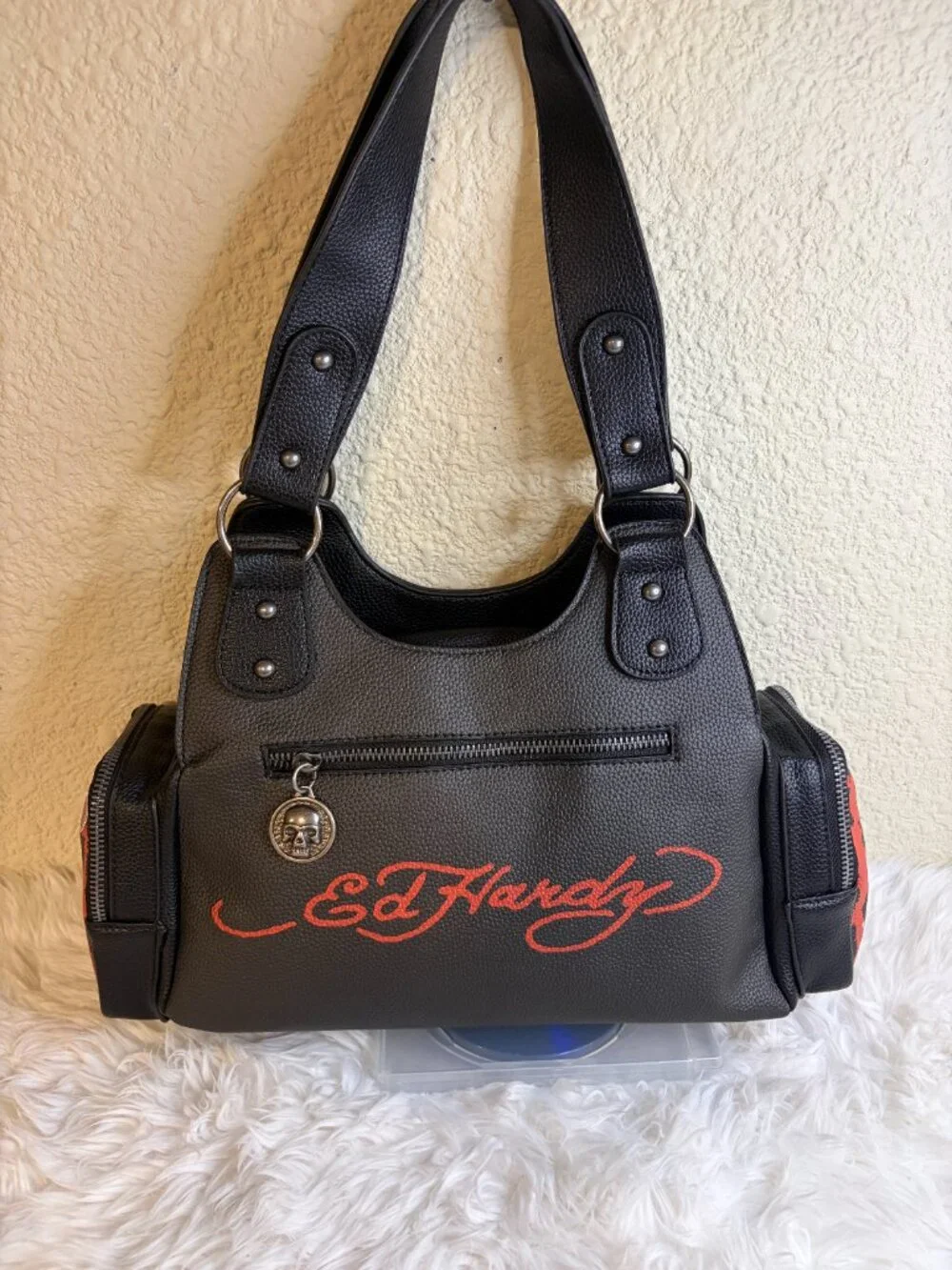 Ed Hardy Love Heart Tattoo Leopard Shoulder Satchel Purse Bag Black Red NWT
